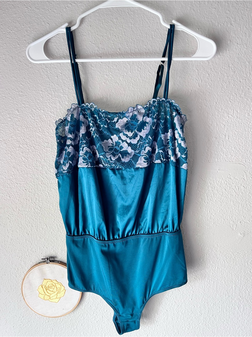Auden Teal Lace-Trim Satin Bodysuit Cami
